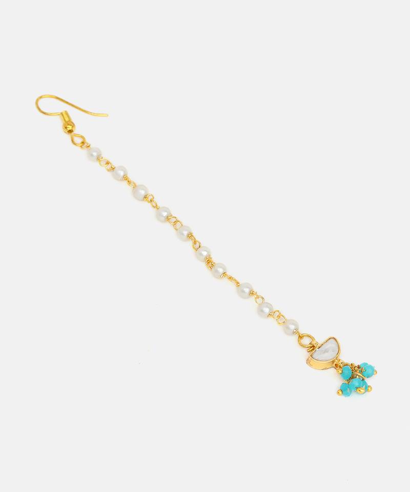 Gold plated kundan turquoise blue stones maang tikka