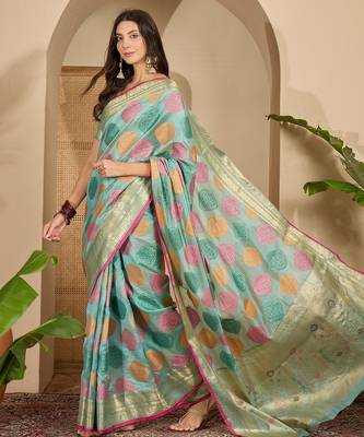 Women's blue organza zari woven saree with unstitched blouse piece 1
