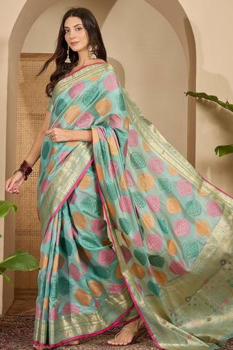 Women's blue organza zari woven saree with unstitched blouse piece