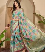 Women's blue organza zari woven saree with unstitched blouse piece