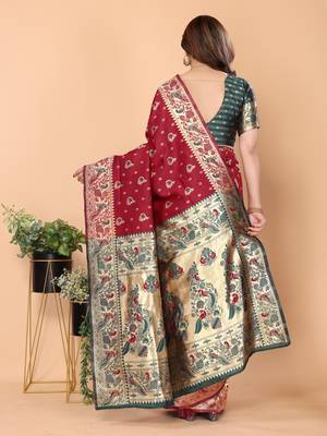 maroon silk blend banarasi saree with blouse  3