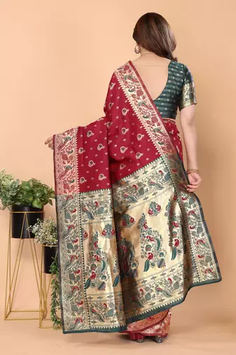 maroon silk blend banarasi saree with blouse 