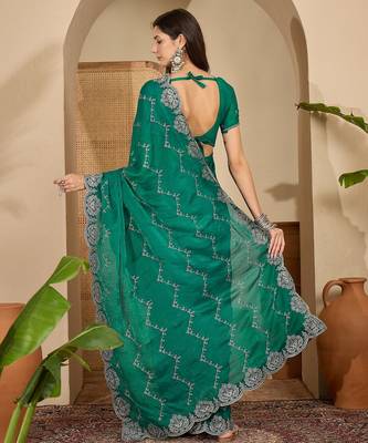 women's rama silk blend chiffon embroidered saree with unstitched blouse piece 3