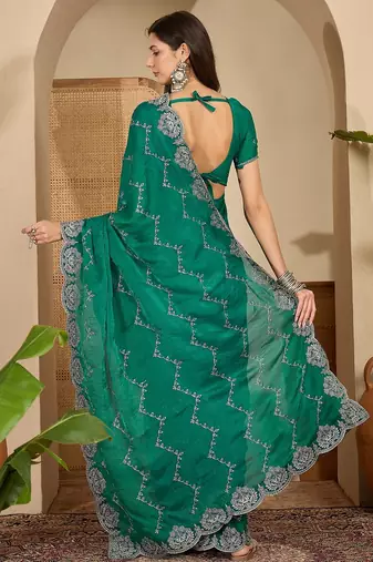 women's rama silk blend chiffon embroidered saree with unstitched blouse piece