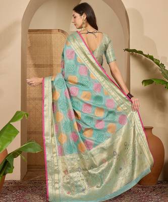 Women's blue organza zari woven saree with unstitched blouse piece 3