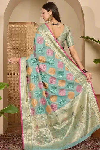 Women's blue organza zari woven saree with unstitched blouse piece
