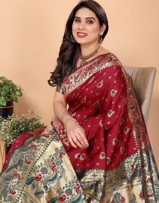 maroon silk blend banarasi saree with blouse  4