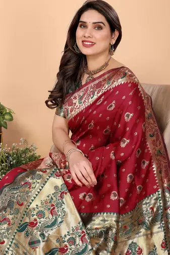 maroon silk blend banarasi saree with blouse 