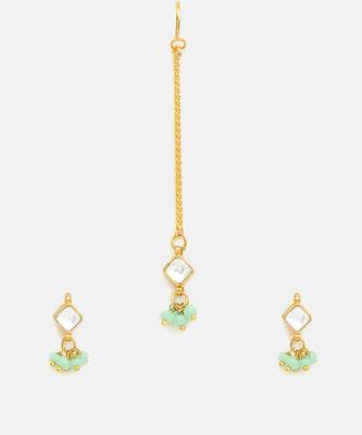 Gold plated kundan green stones maang tikka 3