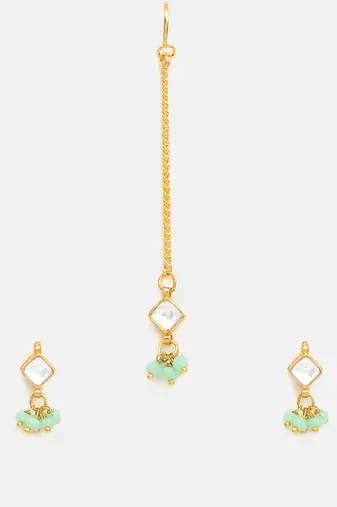 Gold plated kundan green stones maang tikka