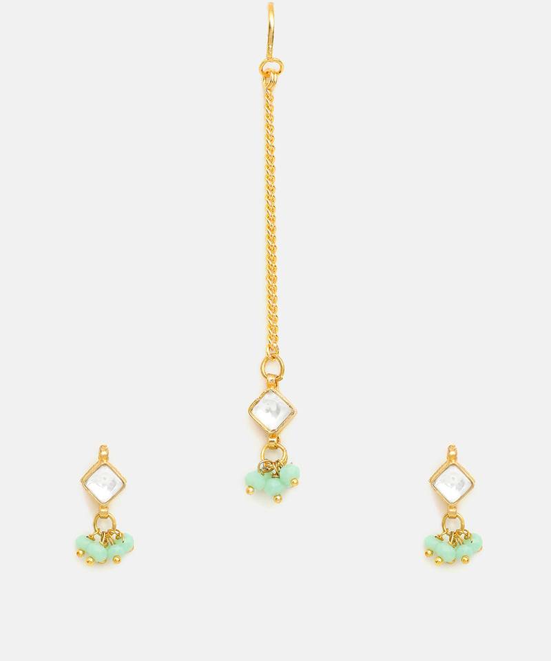 Gold plated kundan green stones maang tikka