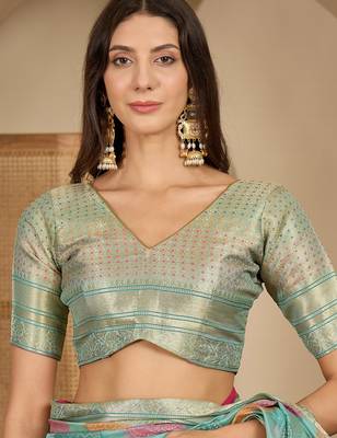 Women's blue organza zari woven saree with unstitched blouse piece 4