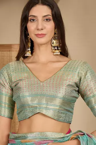 Women's blue organza zari woven saree with unstitched blouse piece