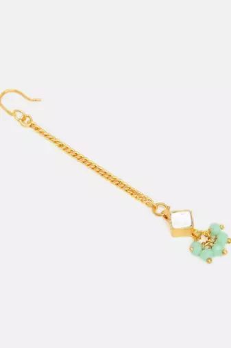 Gold plated kundan green stones maang tikka