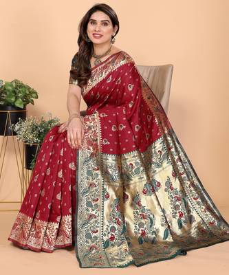 maroon silk blend banarasi saree with blouse  5