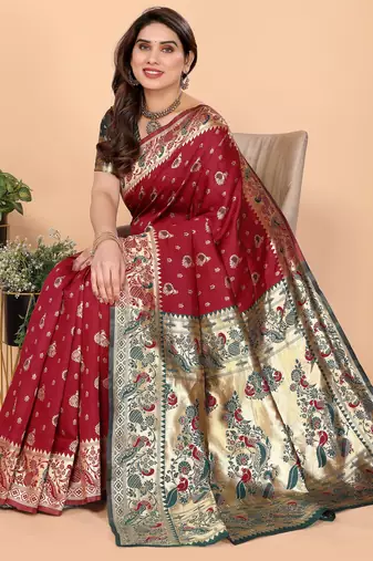 maroon silk blend banarasi saree with blouse 