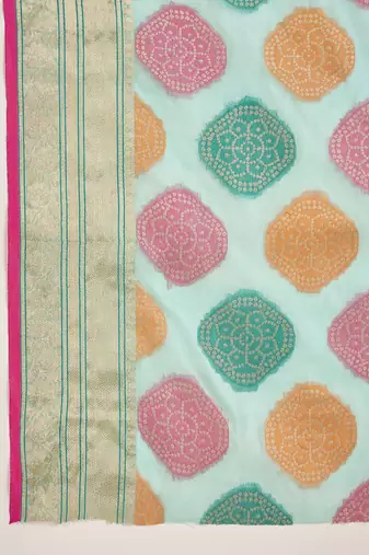 Women's blue organza zari woven saree with unstitched blouse piece