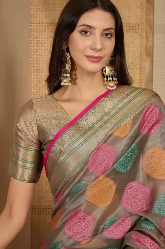 Women's grey organza zari woven saree with unstitched blouse piece