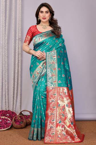 turquoise soft art silk banarasi saree with blouse 