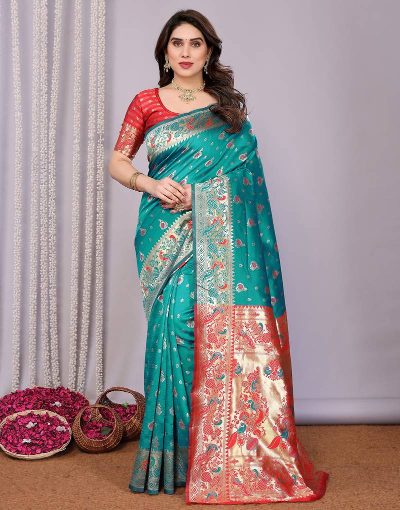 turquoise soft art silk banarasi saree with blouse 