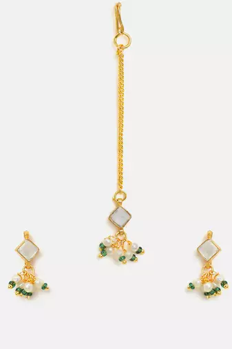 Gold plated kundan green stones maang tikka