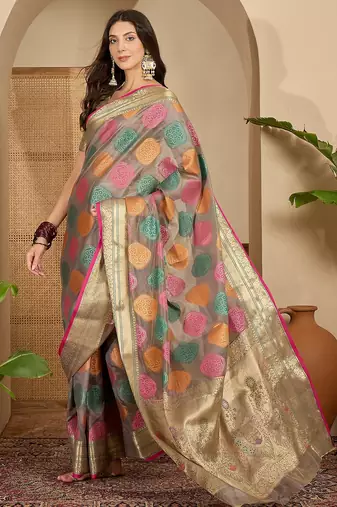 Women's grey organza zari woven saree with unstitched blouse piece