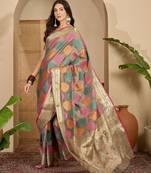 Women's grey organza zari woven saree with unstitched blouse piece
