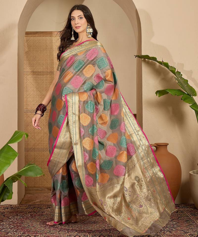 Women's grey organza zari woven saree with unstitched blouse piece