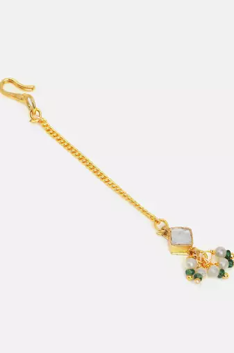 Gold plated kundan green stones maang tikka