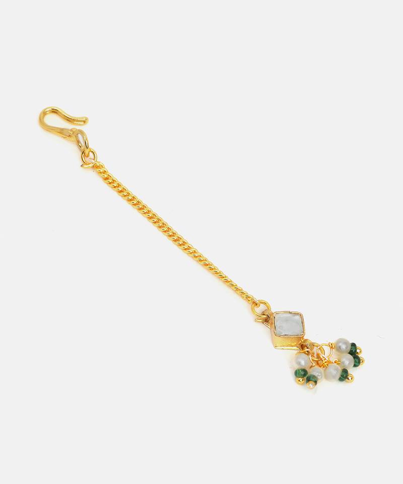 Gold plated kundan green stones maang tikka