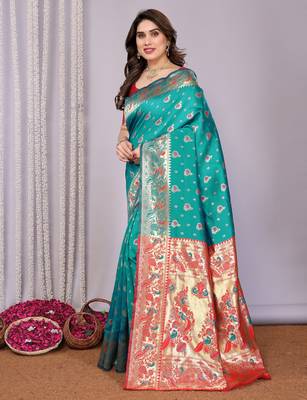 turquoise silk blend banarasi saree with blouse  2