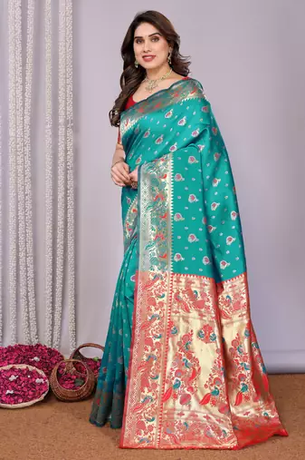 turquoise silk blend banarasi saree with blouse 