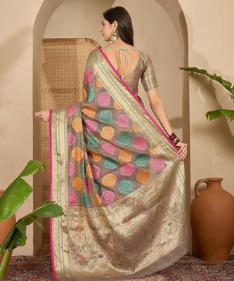 Women's grey organza zari woven saree with unstitched blouse piece 3