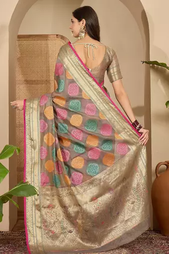 Women's grey organza zari woven saree with unstitched blouse piece