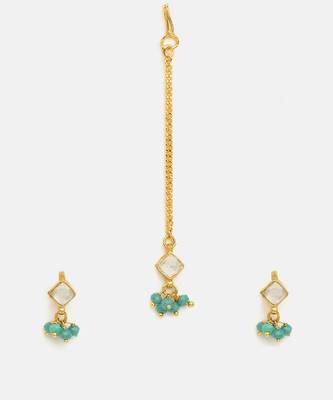 Gold plated kundan green stones maang tikka 3