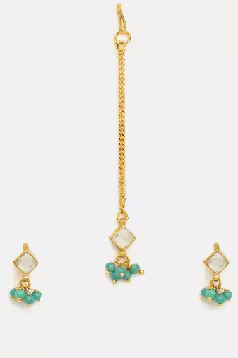 Gold plated kundan green stones maang tikka