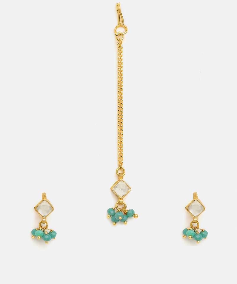 Gold plated kundan green stones maang tikka