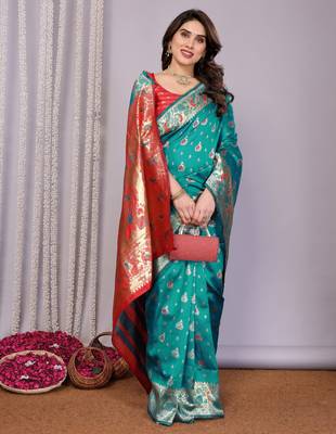 turquoise silk blend banarasi saree with blouse  3