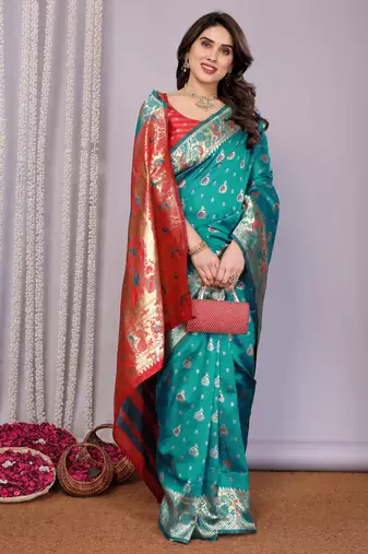 turquoise silk blend banarasi saree with blouse 