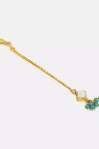 Gold plated kundan green stones maang tikka