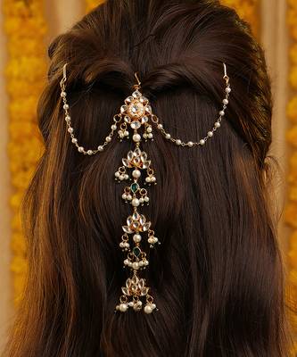 Gold plated kundan green stones hair clip 1
