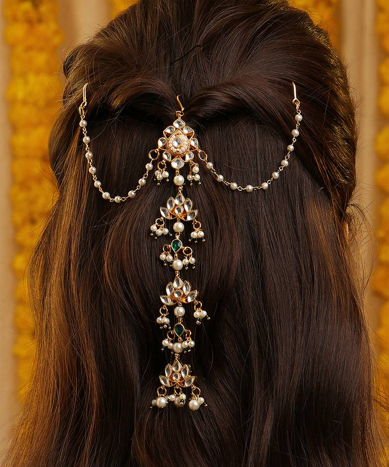 Gold plated kundan green stones hair clip