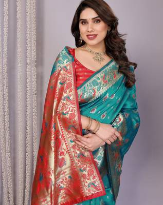 turquoise silk blend banarasi saree with blouse  4