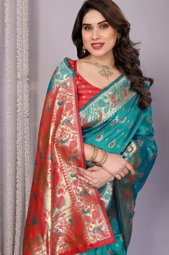 turquoise silk blend banarasi saree with blouse 
