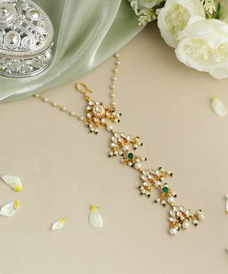 Gold plated kundan green stones hair clip 2