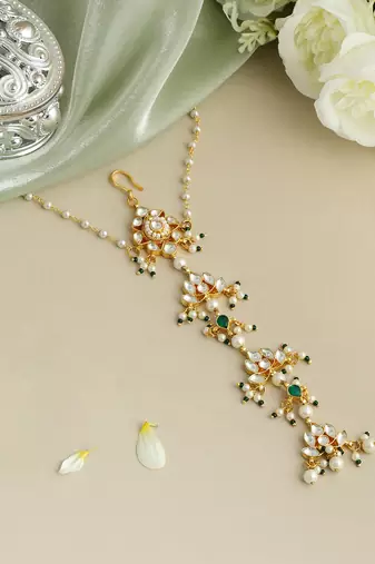 Gold plated kundan green stones hair clip