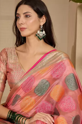 Women's peach organza zari woven saree with unstitched blouse piece