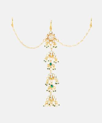 Gold plated kundan green stones hair clip 3