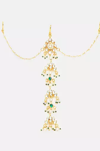 Gold plated kundan green stones hair clip