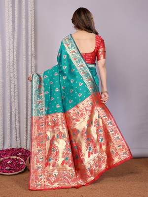 turquoise silk blend banarasi saree with blouse  5